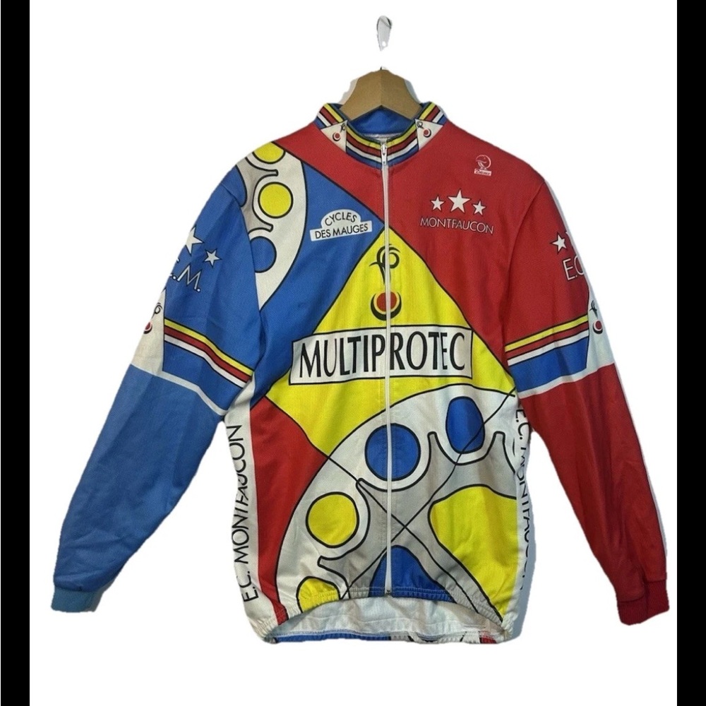 Vibrant Vintage Red and Blue Performance Jacket with Geometric Design